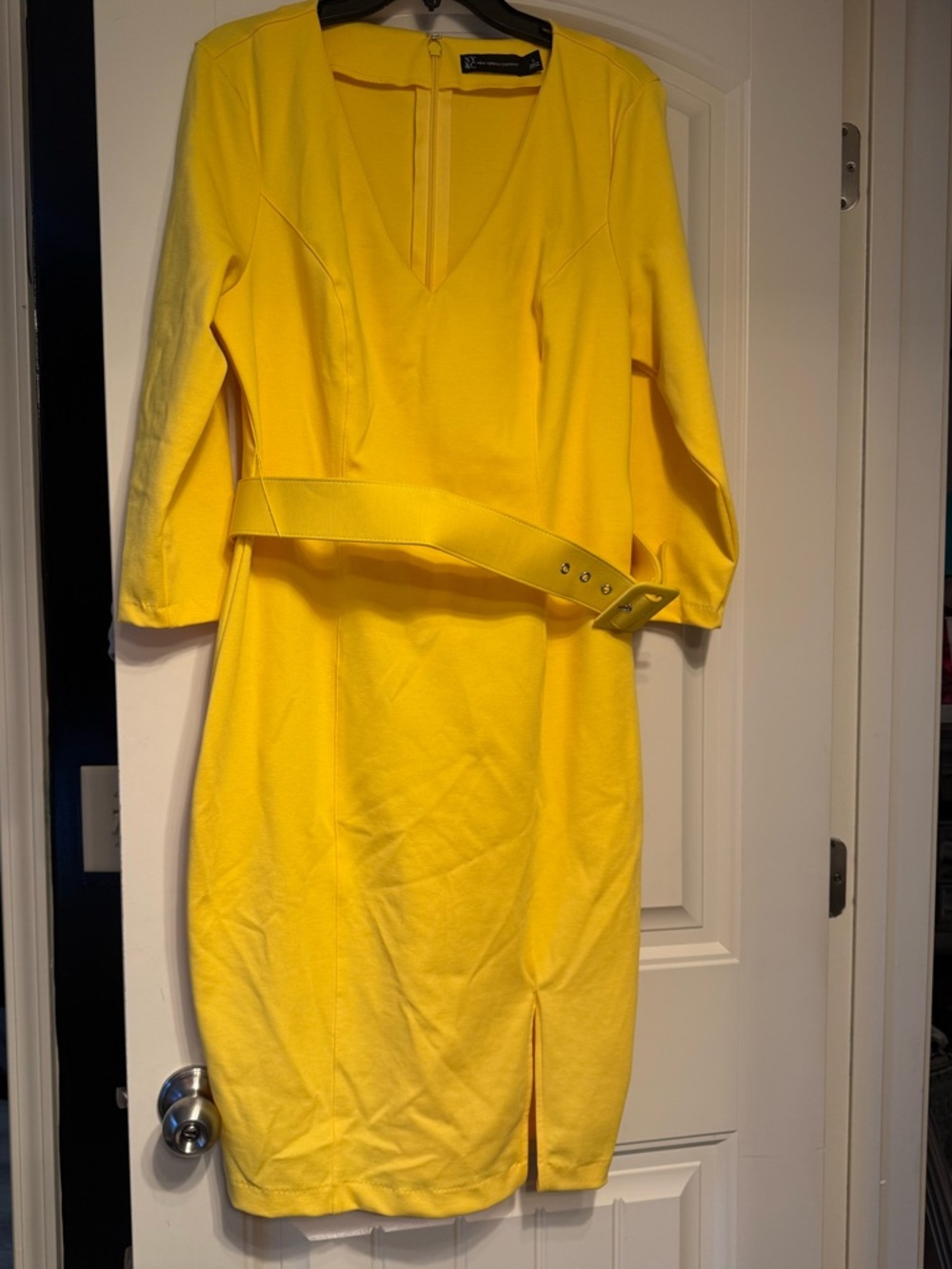 New York & Company Bright Yellow V-Neck Midi Dress with Belt